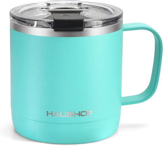 HAUSHOF 14 oz Coffee Mug, Insulated Coffee Mug with Handle, Travel Camping Cup, Portable Stainless Steel Coffee Cup, Insulated Coffee Cups with Lid, Lake Blue