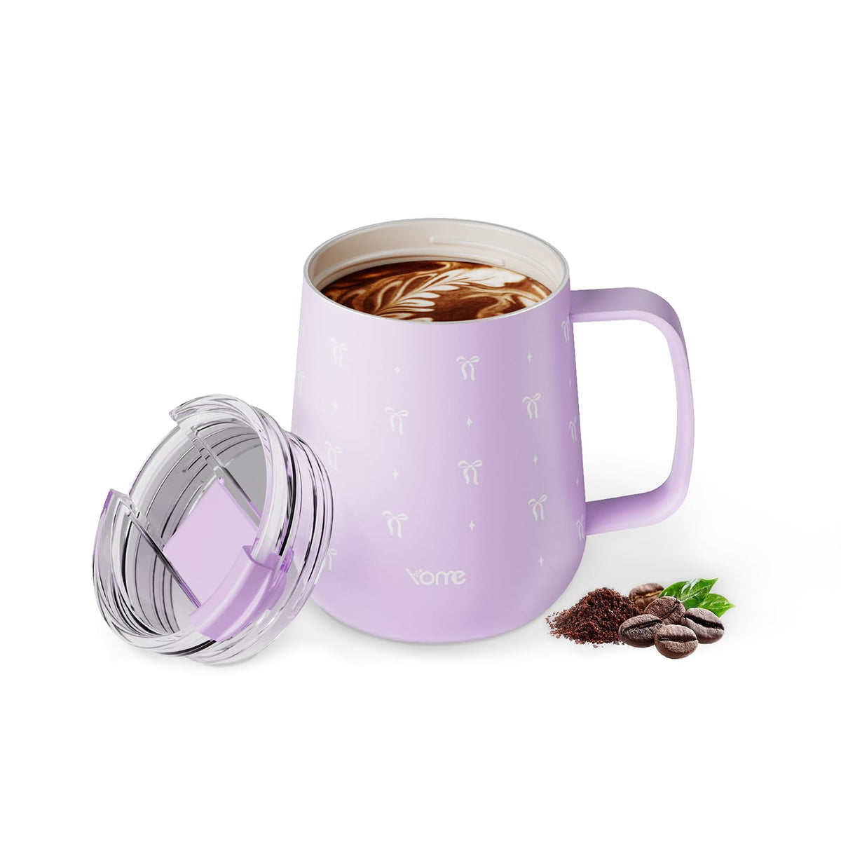 YOME 10oz Bow Light Pink Insulated Coffee Mug with Handle for Women | Ceramic Lined Coffee Mug with Splash-Resistant Lid| Pure Taste Stainless Steel Coffee Cup | Easy to Clean | Keeps Drinks Cold