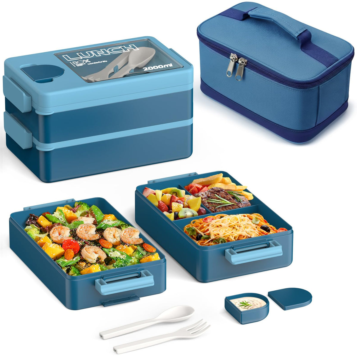 Sitlais Bento Box for Adults, 67oz 2-Layer Stackable Lunch Box with Bag