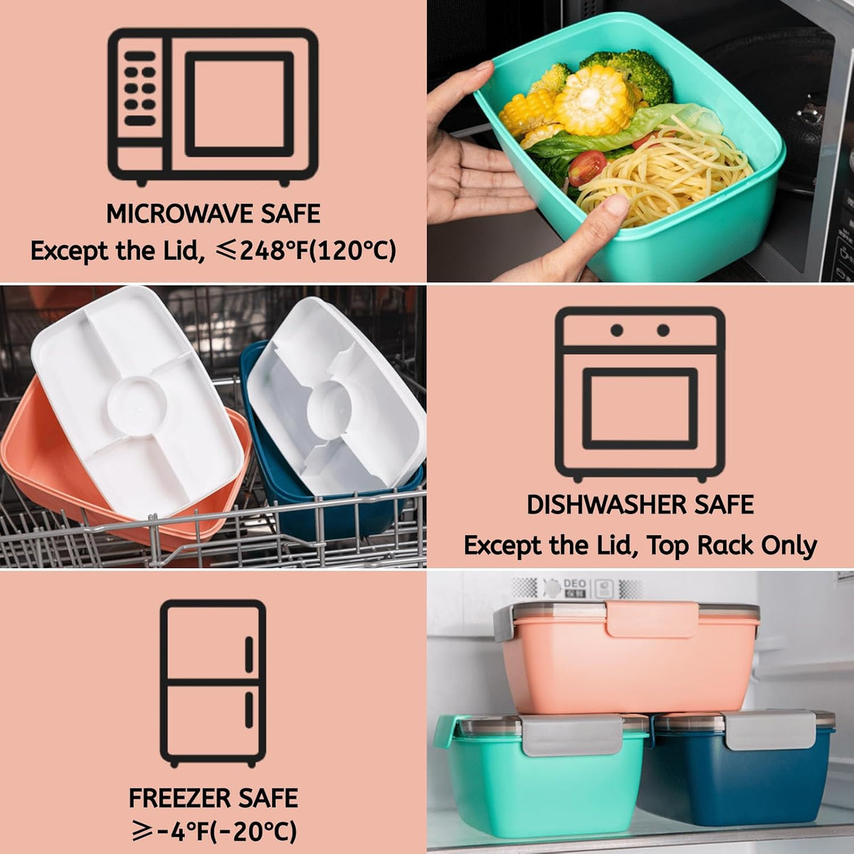 Youeon 3 Pcs 68 Oz Salad Lunch Container with 4 Compartment Tray, Bento Lunch Box with Spoon & Dressing Cup, Leakproof Salad Container for Lunch, Toppings, Snacks, Fruits, BPA-Free