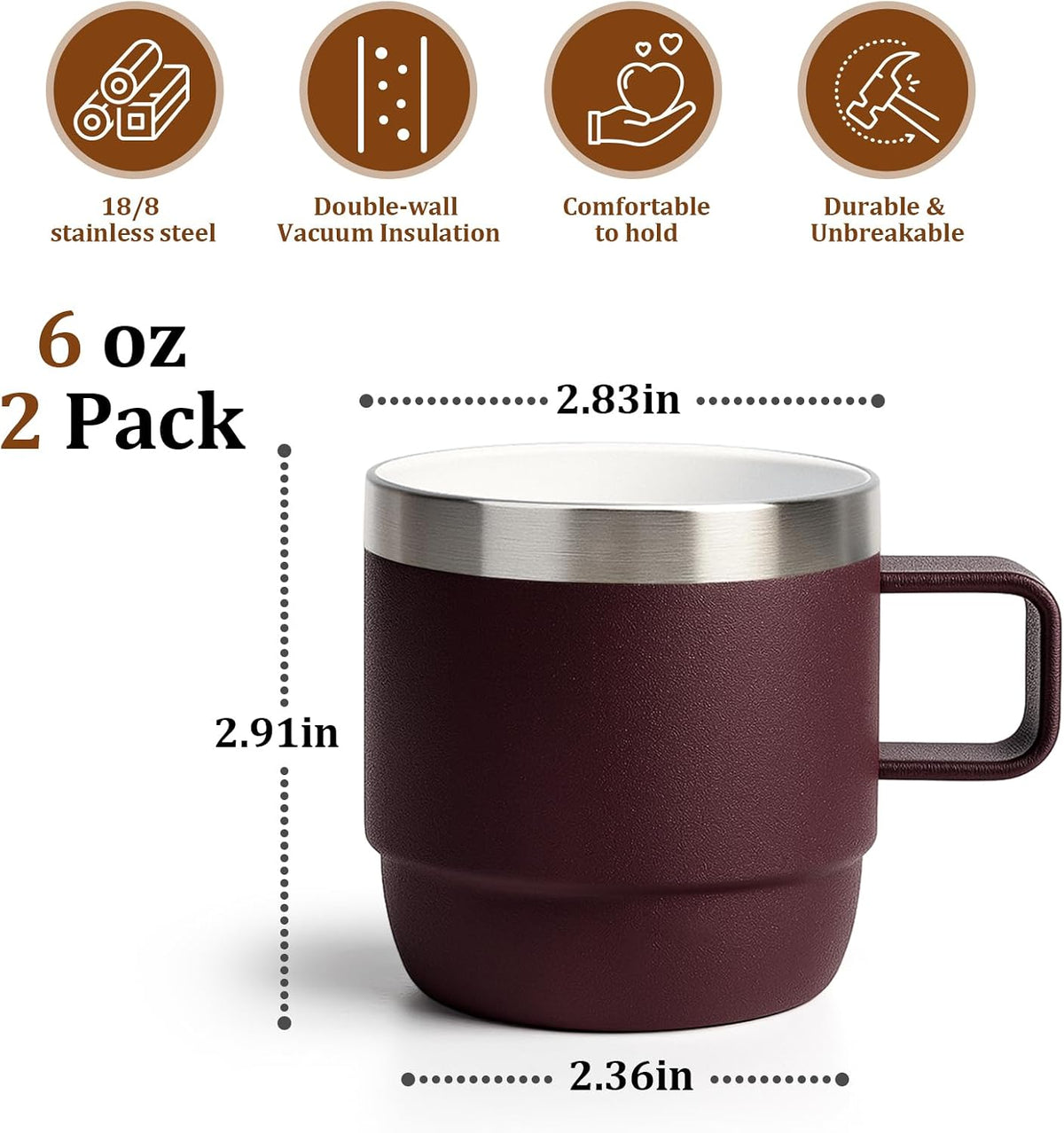 Zenbo 6 oz Espresso Mug with Handle, Ceramic-Lined 18/8 Stainless Steel