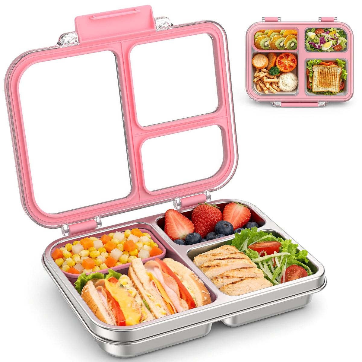 BABHAMNESS Stainless Steel Bento Lunch Box for Kids Adults, 3 Compartments Metal Bento Box with Transparent Lid & Silicone Container for Kids,Dishwasher-Safe,School & Travel,BPA-Free(Grey)