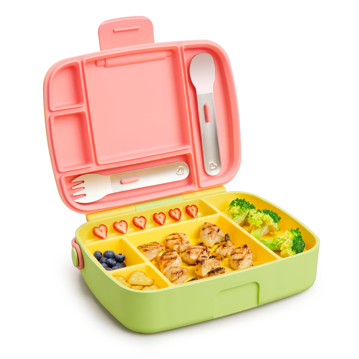 Munchkin Lunch Bento Box for Kids and Toddlers, Includes Stainless Steel Utensils, BPA-Free, 18 Months and Up, Blue/Green/Yellow