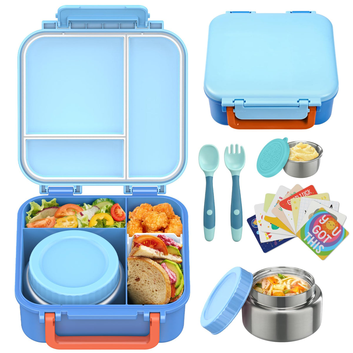 Kids Bento Lunch Box with 9oz Soup Thermo Leakproof Lunch Food Containers 4 Compartment with Insulated Hot Food Jar for Kid Toddler Girls Boys to School, Trvael