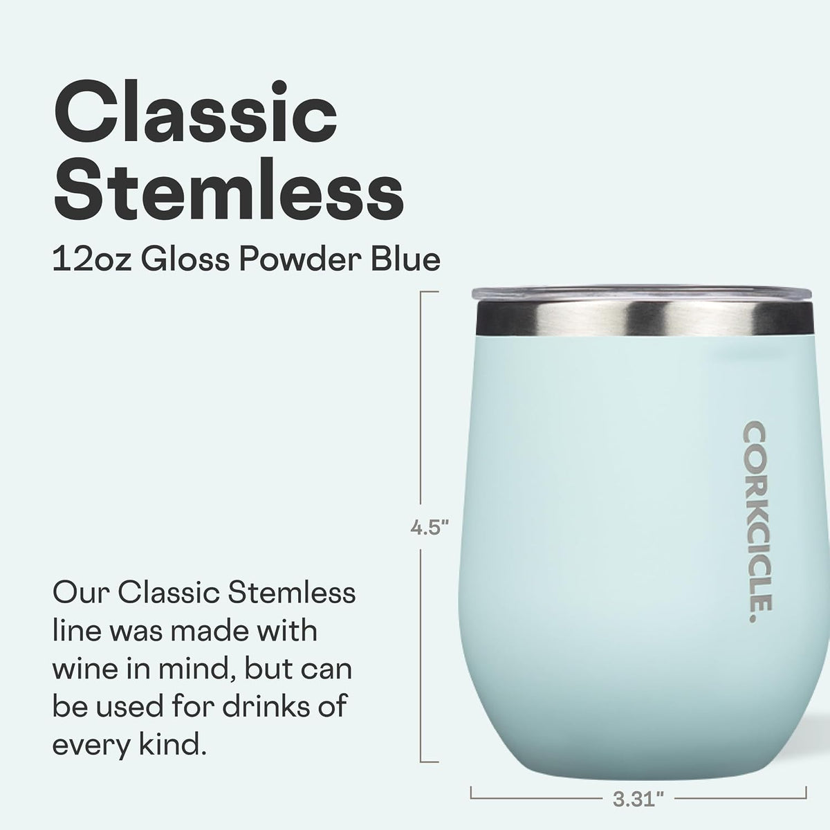 Corkcicle Stemless Wine Tumbler with Lid, 12 oz, Gloss Powder Blue