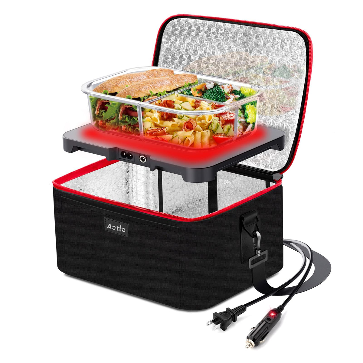Aotto Portable Oven, Electric Lunch Box Food Heater - 12V/24V/110V 3-in-1 Car Food Warmer - Mini Personal Microwave Heated Lunch Box Warmer for Car, Truck, Travel, Office & Home Use - Black