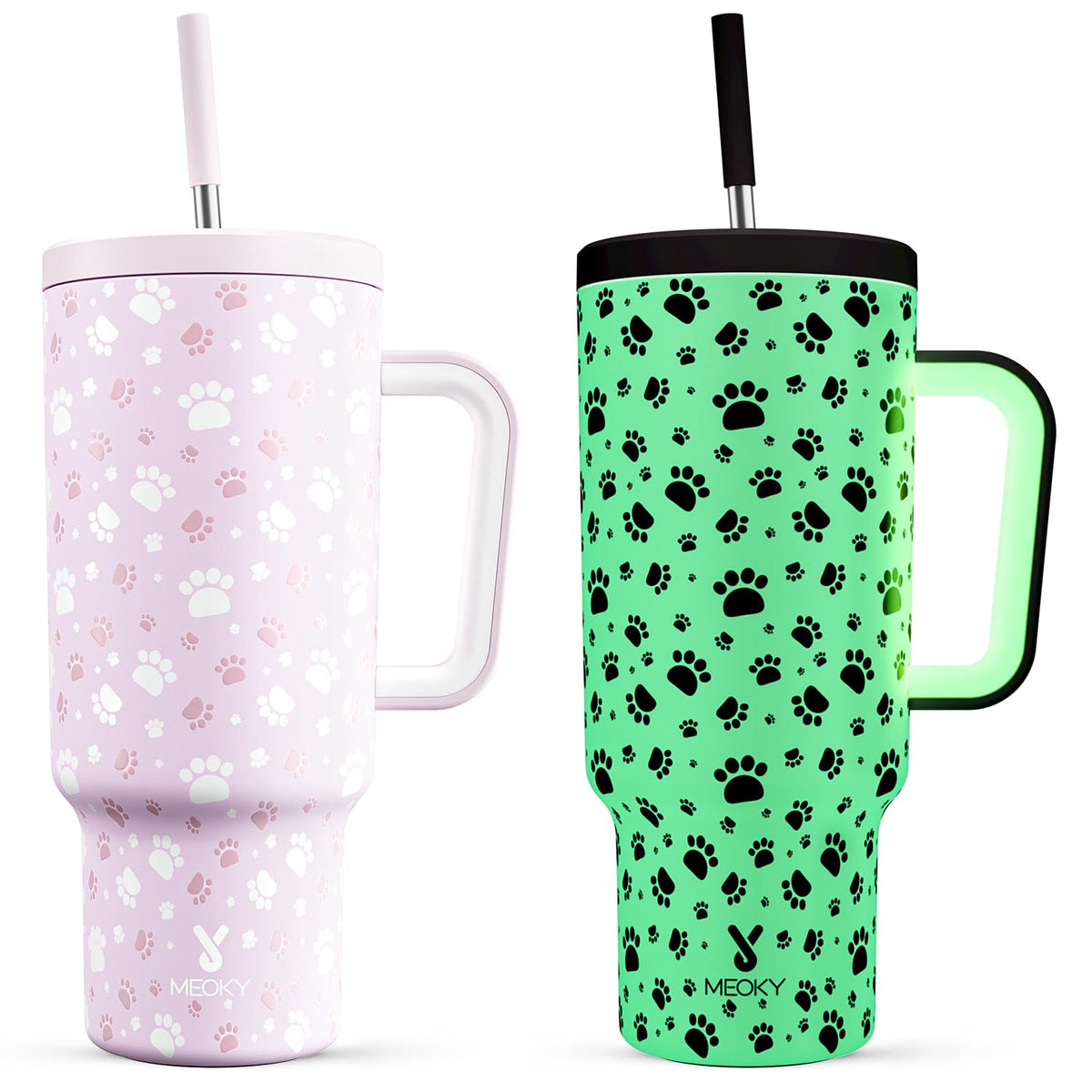 Meoky 40oz Tumbler with Handle, Leak-proof Lid and Straw, Insulated Coffee Mug Stainless Steel Travel Mug, Keeps Cold for 34 Hours or Hot for 10 Hours (Night)