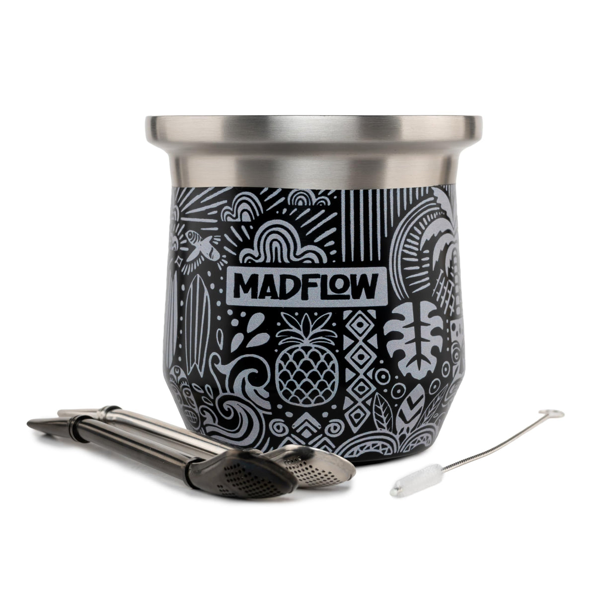 MADFLOW Yerba Mate Cup. Stainless Steel Mate Cup with 2 Bombillas. Double Wall Vacuum Insulated Yerba Mate Gourd. Unique Mate Cup And Bombilla Set
