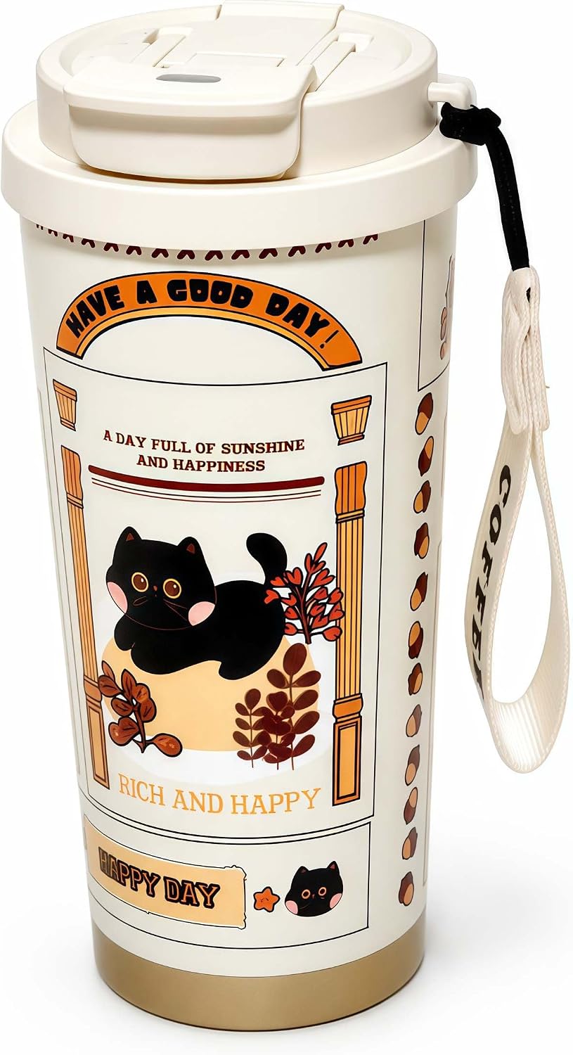 16oz Cat Coffee Travel Mug with Lid and Straw