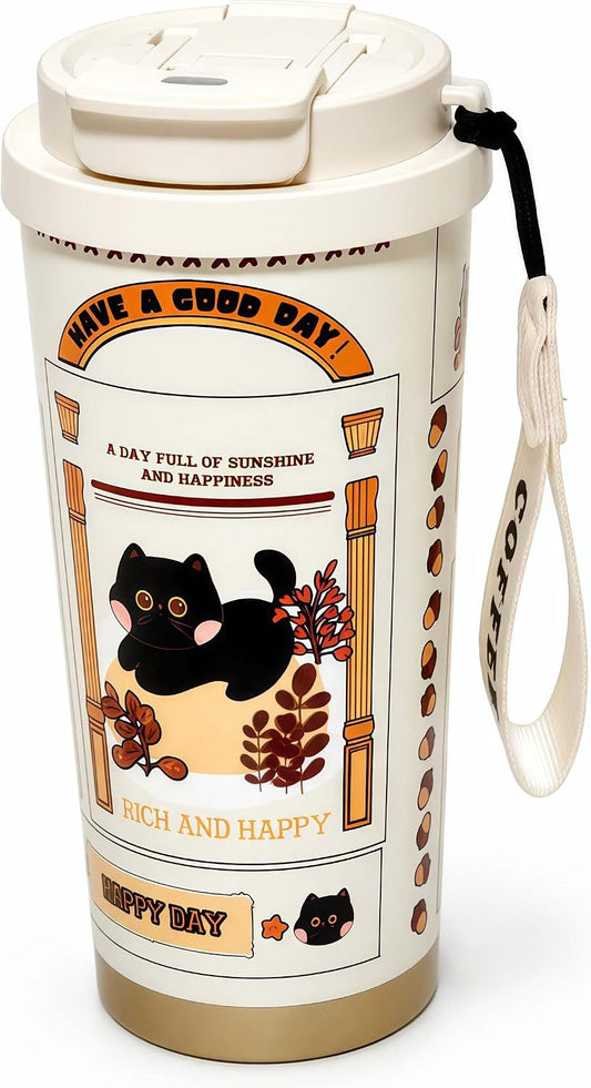 16oz Cat Coffee Travel Mug with Lid and Straw