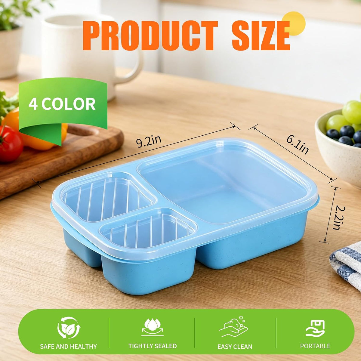 buluker 4 Pack Bento Lunch Box Set 3 Compartment Food Storage Containers Wheat Straw Meal Prep Lunch Box Plastic Food Storage Containers, Microwave and Dishwasher Safe (Vivid Colors)