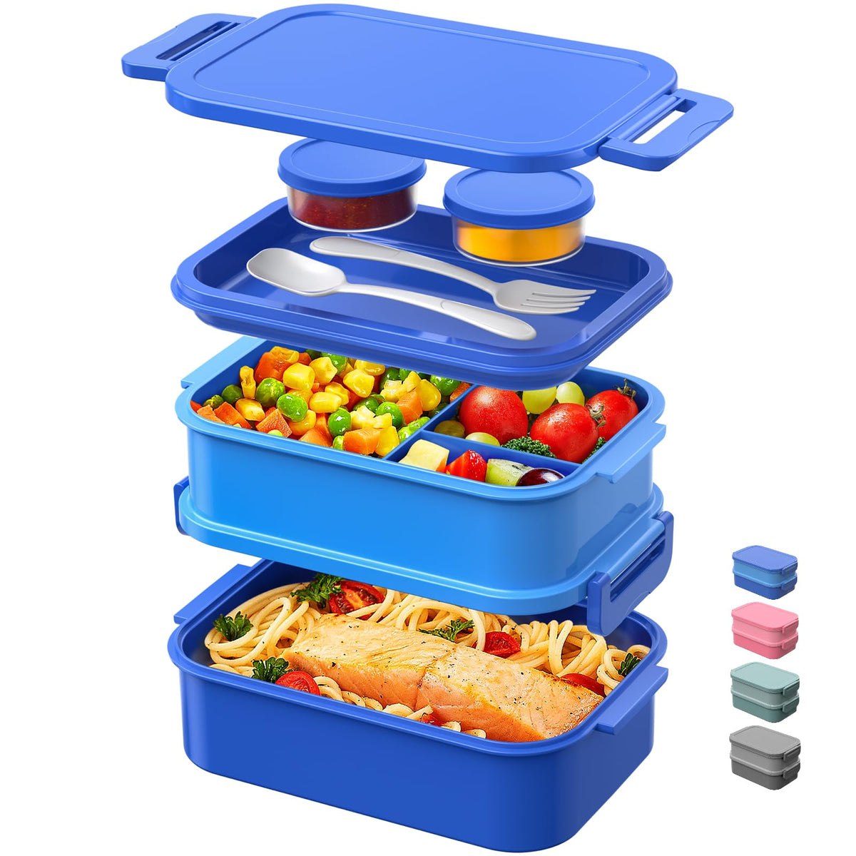 DaCool 2 Pack Adults Lunchbox Bento Box 74 OZ Stackable Lunch Box for Kids Adults Men Women Teens Leakproof Bento Large Lunch Box Container with Fork Spoon Sauce Box for School Work,Grey,Morandi-Green