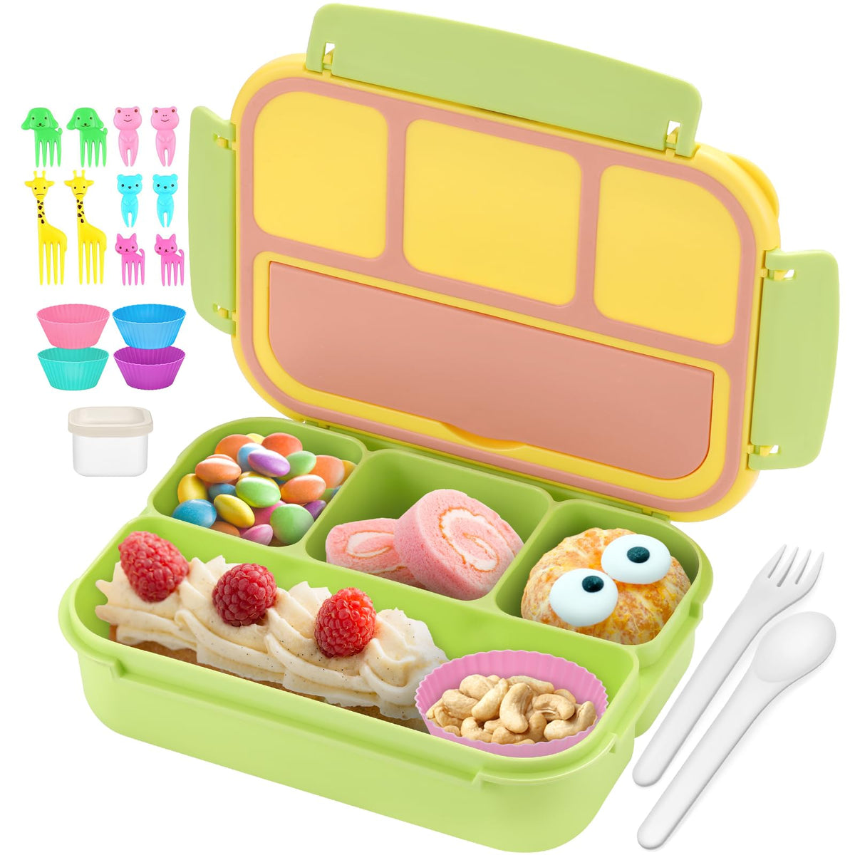 QQKO Bento Box Adult Lunch Box, Lunch Containers for Adults Men Women, Kids Lunch Boxes for School with 4 Compartments, Sauce Container, Utensils and Muffin Cups, Purple