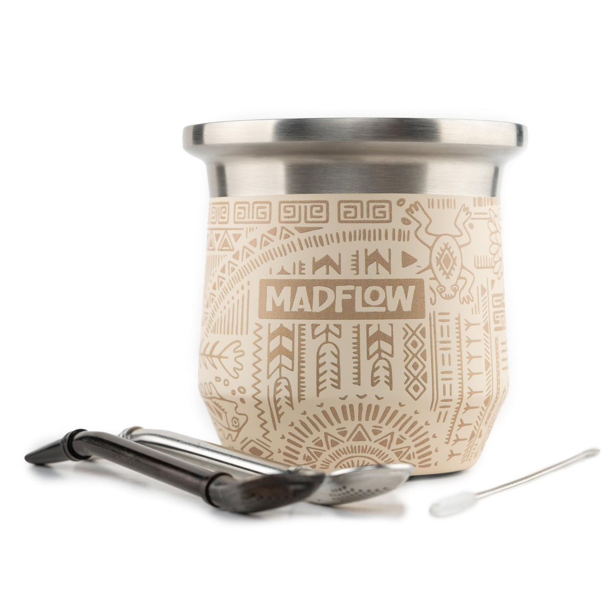 MADFLOW Yerba Mate Cup. Stainless Steel Mate Cup with 2 Bombillas. Double Wall Vacuum Insulated Yerba Mate Gourd. Unique Mate Cup And Bombilla Set
