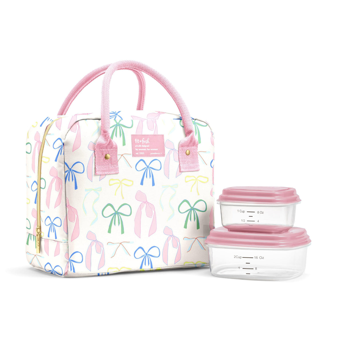 Fit & Fresh Bloomington Lunch Bag for Women - Insulated Large Lunch Box for Work with Containers, Leak-Resistant, Stain-Resistant, Zipper Closure, Feline Fine Ivory