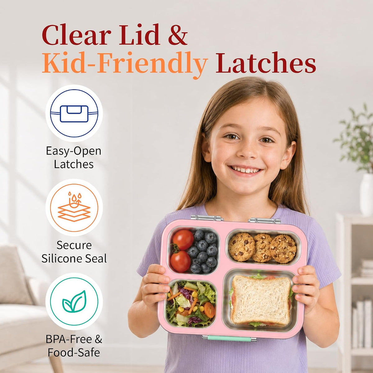 Stainless Steel Lunch Box for Kids, Leakproof 4 Compartment Kids Bento Lunch Box with Clear Lid, BPA-Free Steel Lunch Box Containers for School Travel (Pink)
