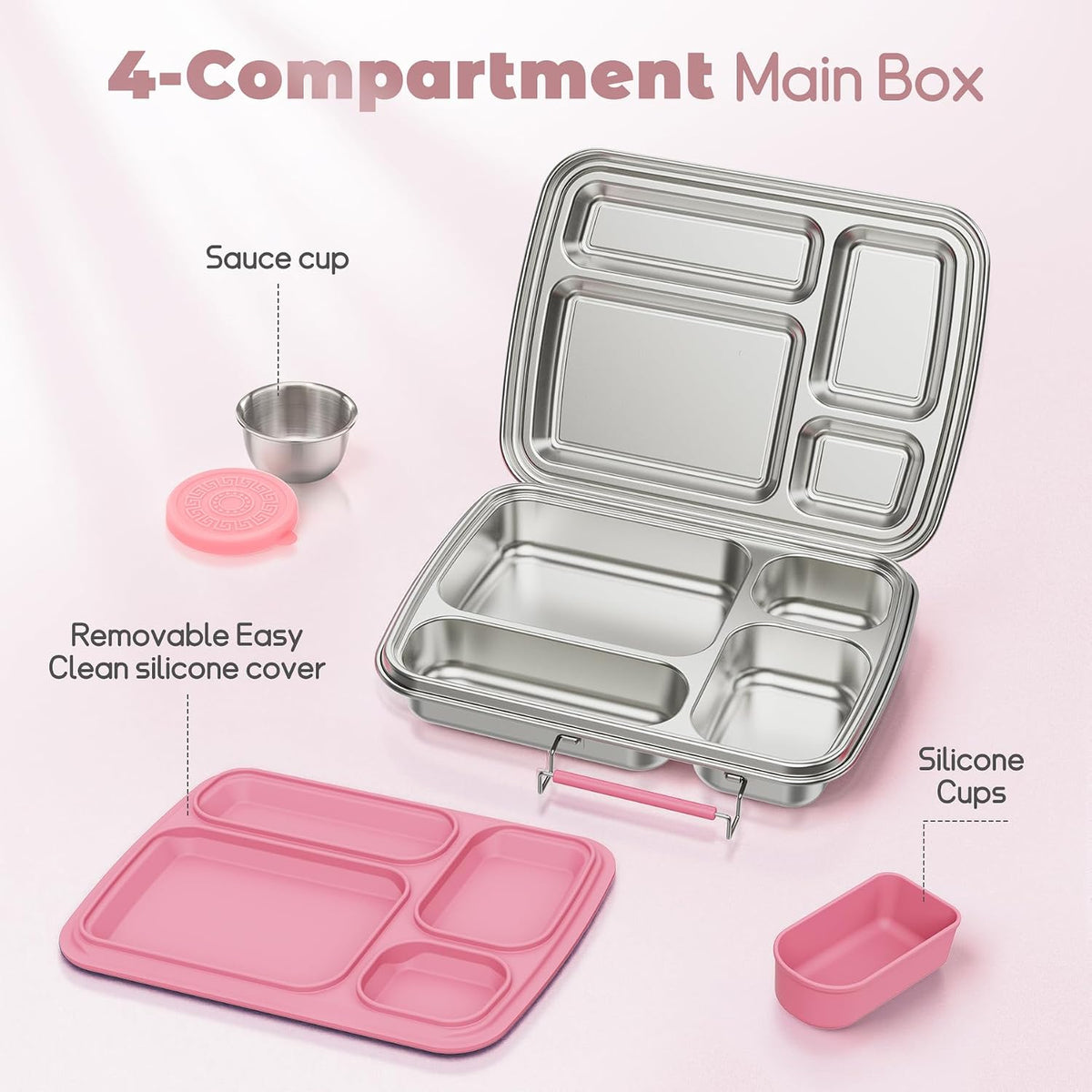 Stainless Steel Bento Box for Kids, Kids Lunch Box with 4-Compartment, Metal Lunch Box with Silicone Container & Sauce Cup, Durable Lunch Box Containers for School and Office (Pink)
