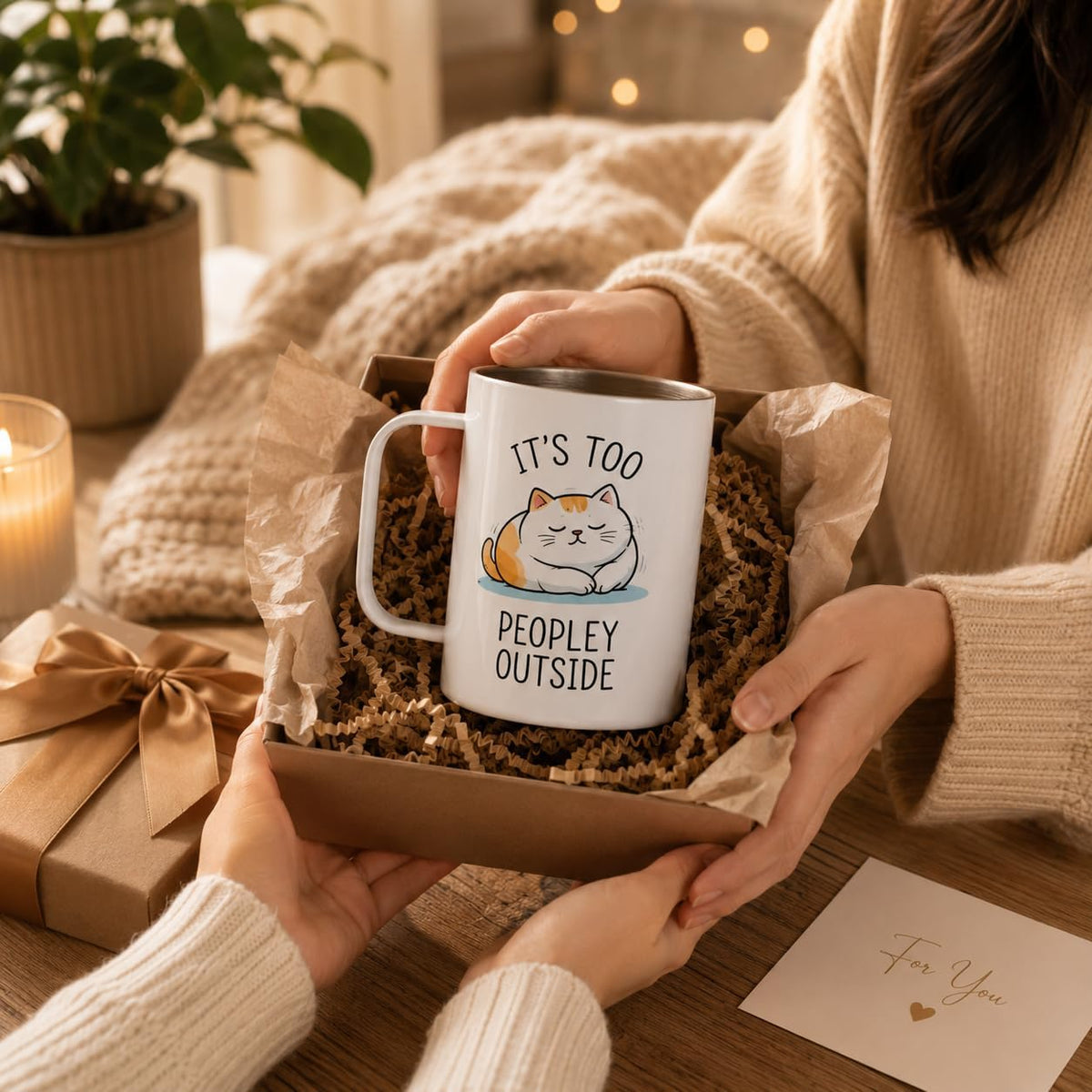 Hyturtle It's Too Peopley Outside Cat Mug With Lid & Spoon Gifts for Women