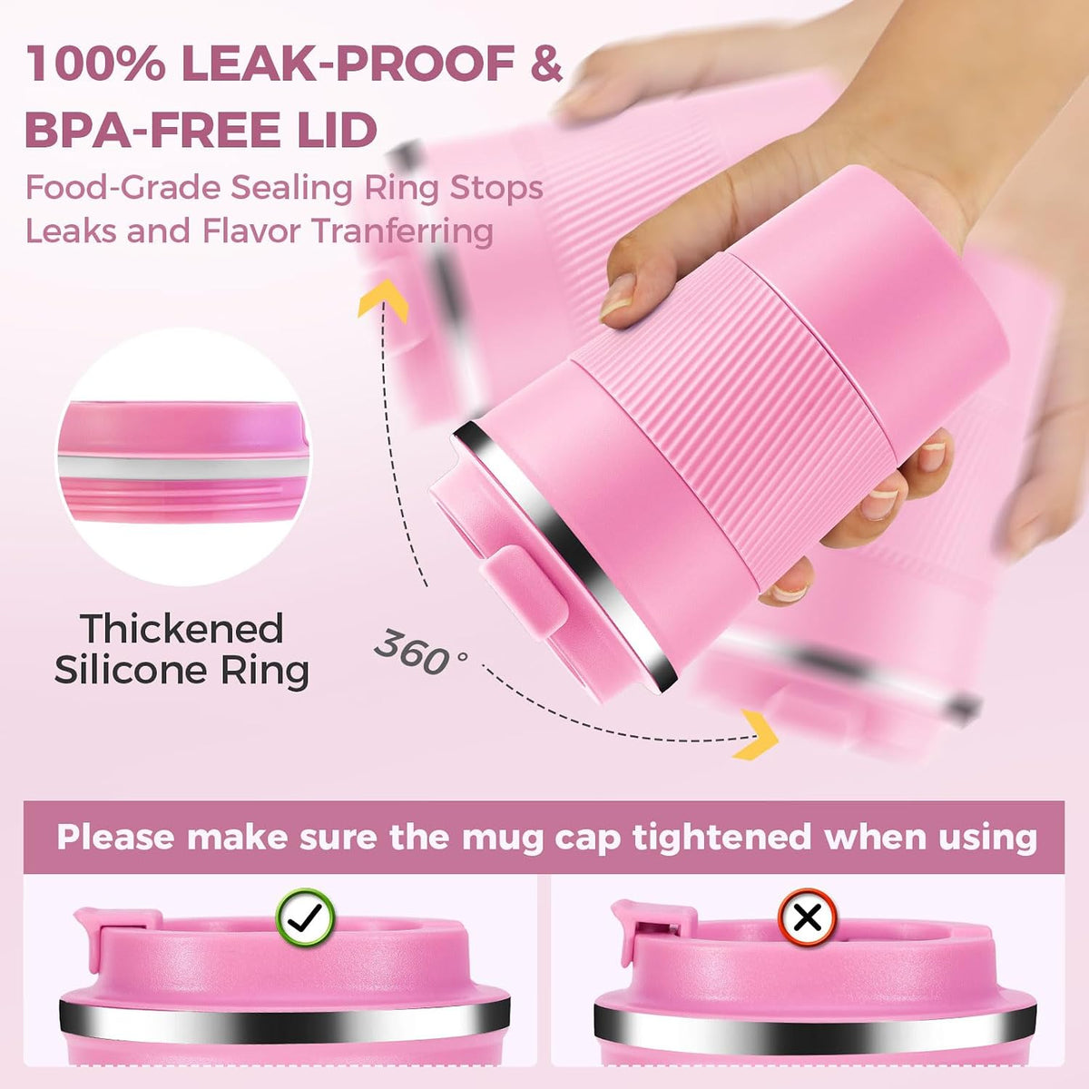 Volhoply 13 oz Stainless Steel Insulated Travel Coffee Cup with Fip Lid,Reusable Double Wall Vacuum Metal Coffee Mug,Portable to Go Leak Proof Cafe Mugs for Hot & Cold Drinks(Pink,1)