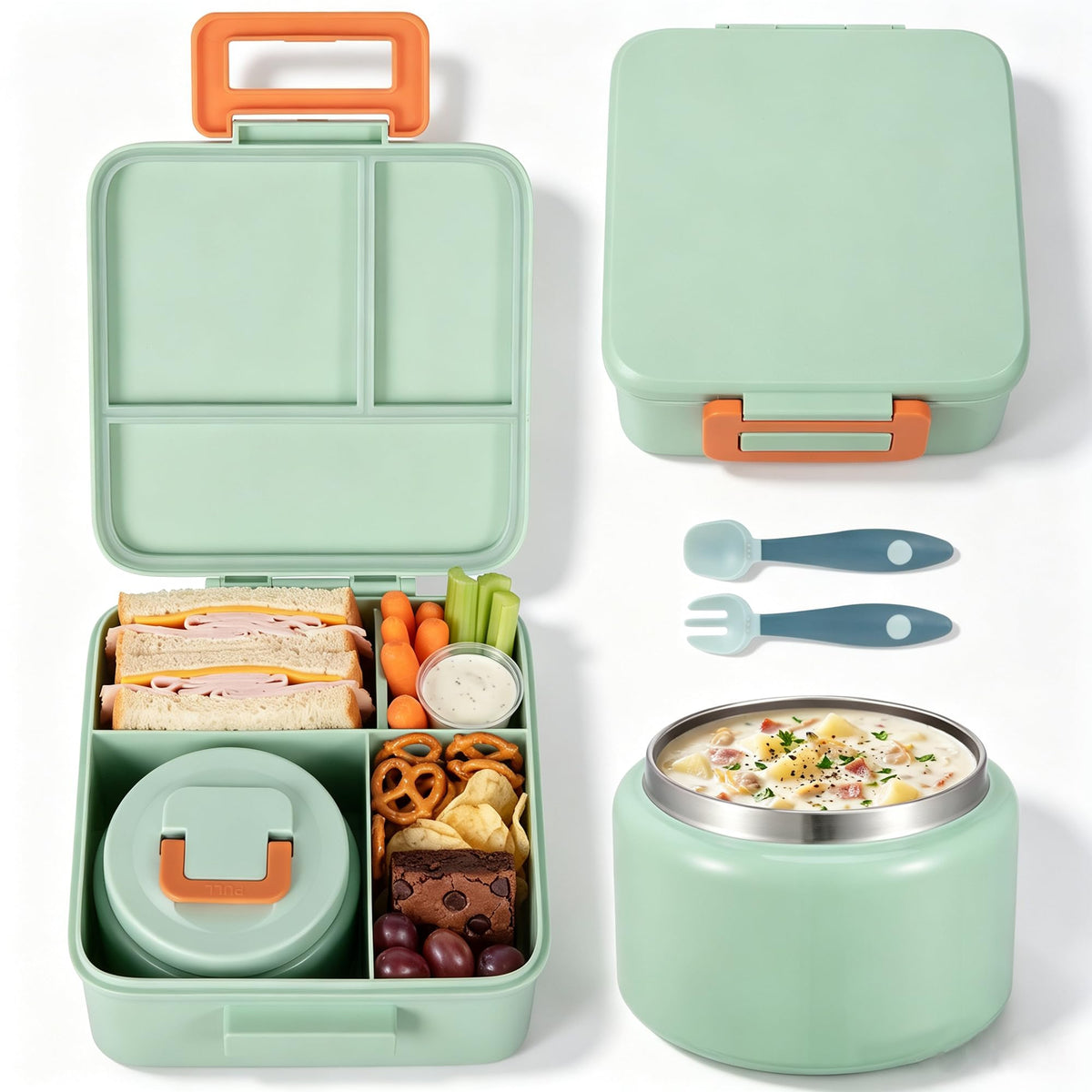 MAISON HUIS Bento Lunch Box with 8oz Soup Thermo, 5-Compartment Leak-Proof Container, Thermo Hot Food Jar and Insulated Lunch Bag, BPA Free,Travel, School