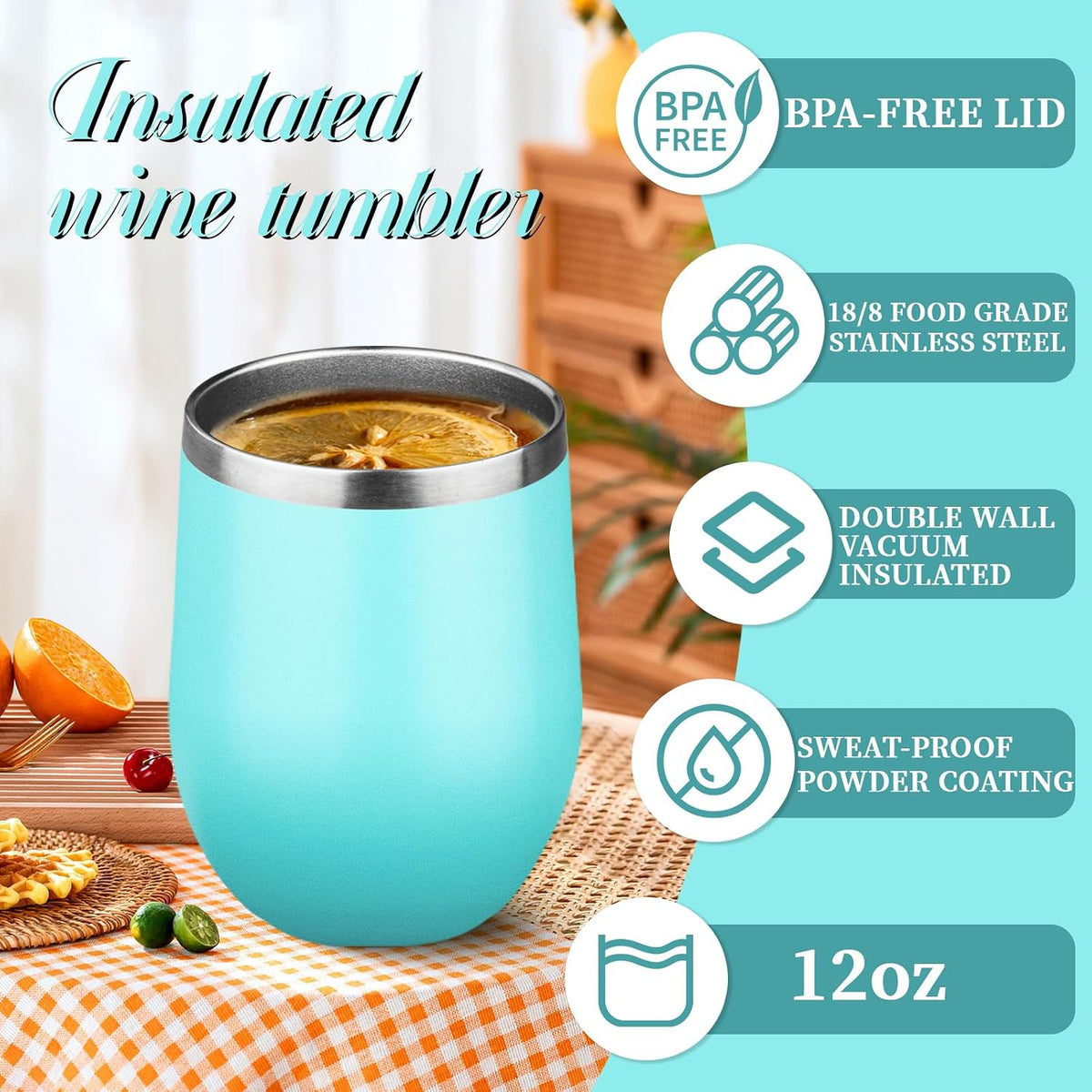 12oz Stemless Wine Tumbler with Lid Double Wall Insulated Wine Cup Stainless Steel Glasses Tumbler with Straw Insulated Cocktail Tumbler Coffee Mug for Hot and Cold Beverages (Multicolor-4, 4 Pack)