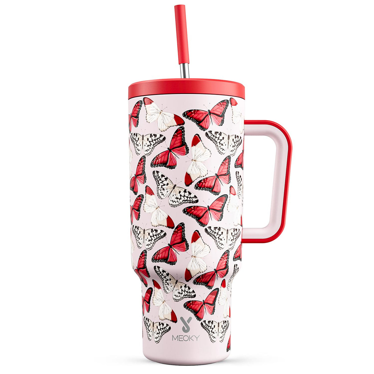 Meoky 40oz Tumbler with Handle, Leak-proof Lid and Straw, Insulated Coffee Mug Stainless Steel Travel Mug, Keeps Cold for 34 Hours or Hot for 10 Hours (Night)