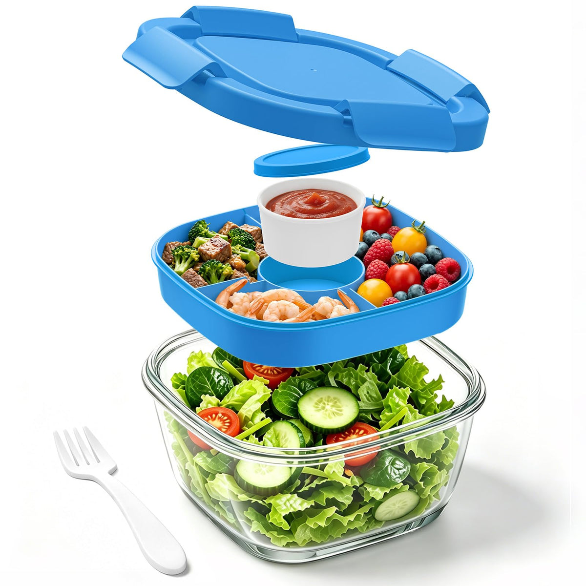 Glass Salad Container,56oz Salad Bowl To Go for Lunch with Airtight Lid,Leak-Proof Sauce Container,4-Compartment Bento Tray & Reusable Fork - BPA-Free Glass Lunch Box for Meal Prep,Office（Green）