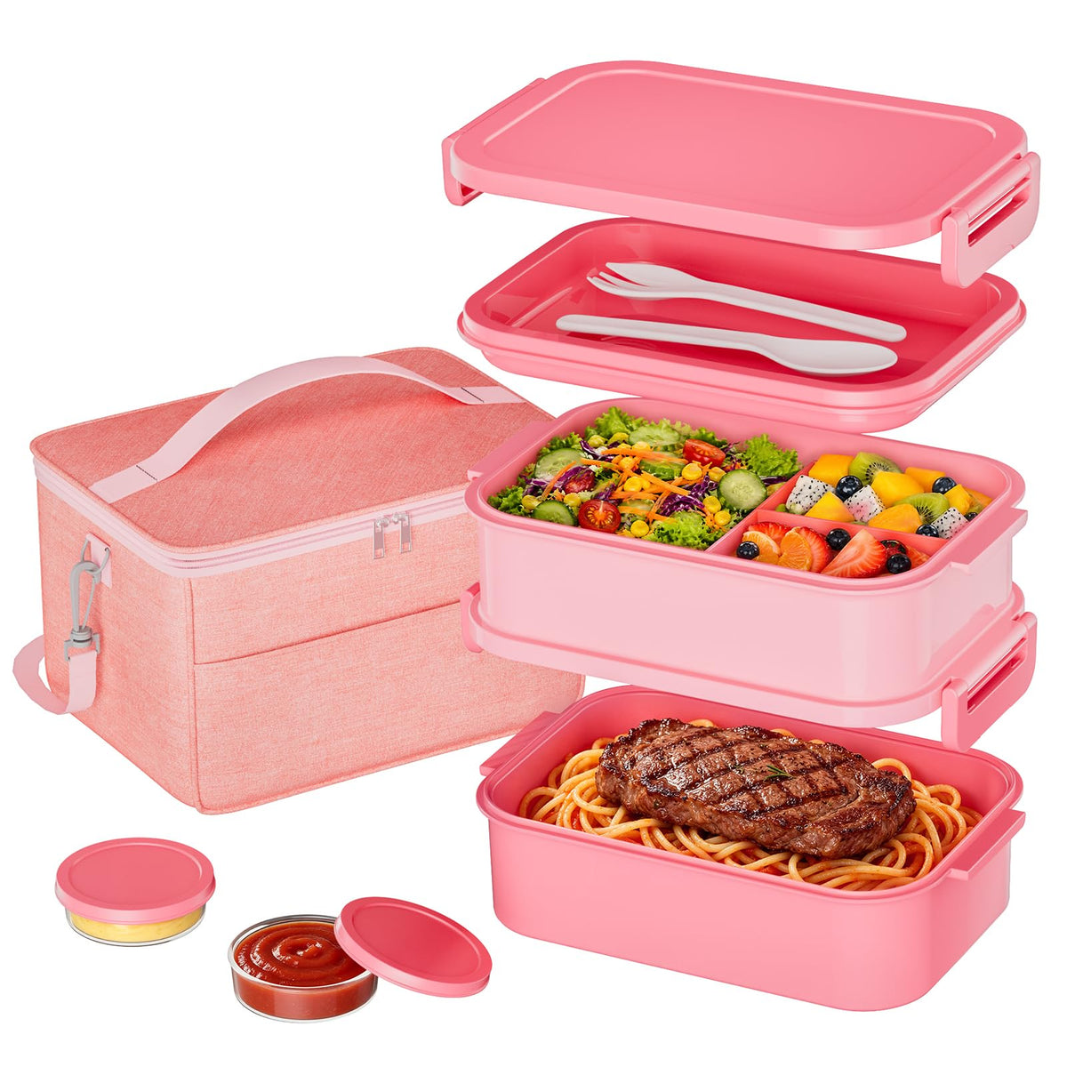 Adults Lunchbox Bento Box with Lunch Bag- 74 OZ All-in-One Stackable Lunch Box for Adults Kids Women Men Leakproof Bento Large Lunch Box Containers with Fork Spoon Sauce Box for Work School (Grey)