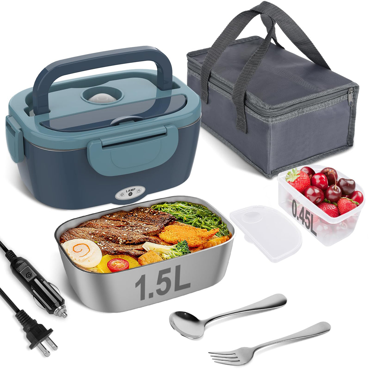 Vabaso Electric Lunch Box for Adults, 80W Heated Lunch Box Portable Food Warmer Lunch Box for Work/Men/Car/Truck with 1.5L 304 Stainless Steel Container Fork & Spoon, 110V/12V/24V