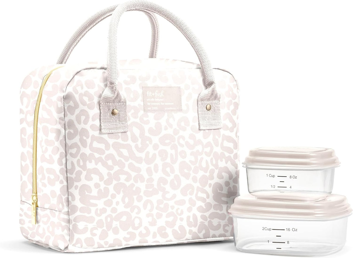 Fit & Fresh Bloomington Lunch Bag for Women - Insulated Large Lunch Box for Work with Containers, Leak-Resistant, Stain-Resistant, Zipper Closure, Feline Fine Ivory