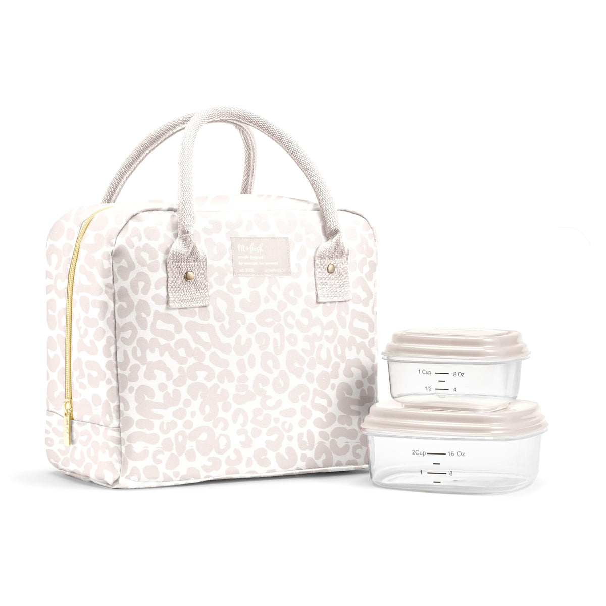 Fit & Fresh Bloomington Lunch Bag for Women - Insulated Large Lunch Box for Work with Containers, Leak-Resistant, Stain-Resistant, Zipper Closure, Feline Fine Ivory