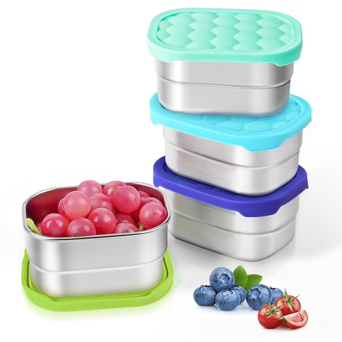 Tanjiae 4Pack 8oz Small (1 CUP) Stainless Steel Snack Containers for Kids | Reusable Easy Open Toddler Snack Containers with Silicone Lids | Stackable Toddler Lunch Box for Daycare, School and Travel