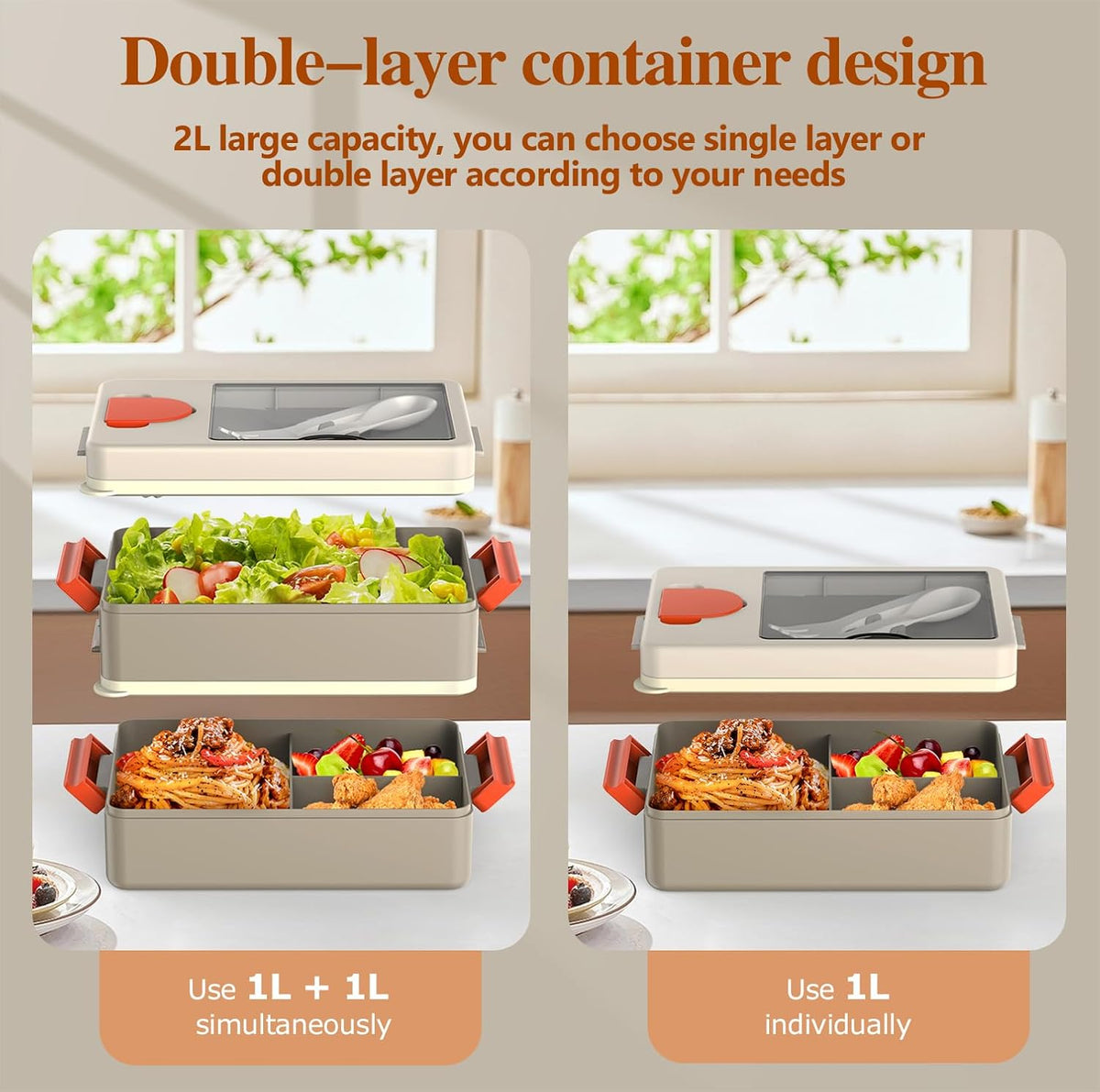 Sitlais Bento Box for Adults, 67oz 2-Layer Stackable Lunch Box with Bag