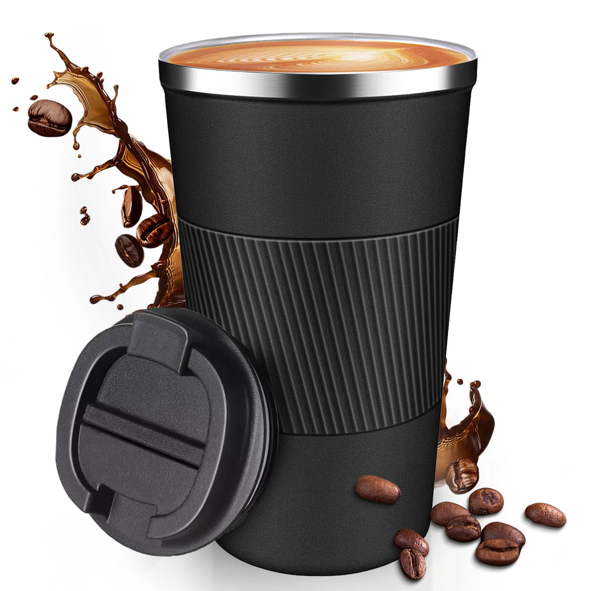 12OZ Travel Coffee Mug Insulated Coffee Cup with Spill Leak Proof Lid, Portable Stainless Steel Tumbler Reusable Hot and Cold Water Mug for Car, Daily, Camping-Black