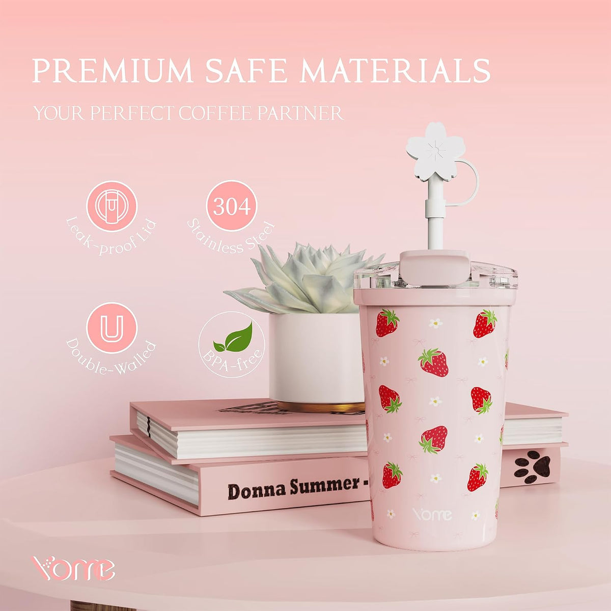 YOME 12oz Strawberry Pink Insulated Coffee Cup with Lid and Straw for Women | 2 in 1 Lid | Stainless Steel | Travel Coffee Cup| 100% Leak Proof | Keeps Drinks Cold&Hot | Gift Travel Gym Car