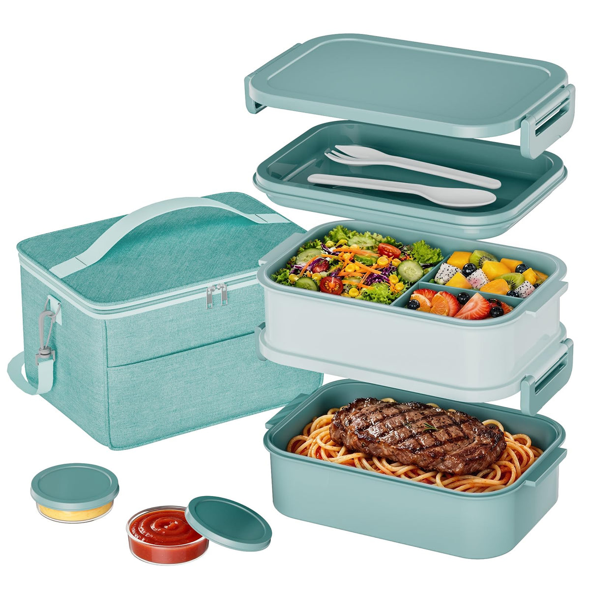 Adults Lunchbox Bento Box with Lunch Bag- 74 OZ All-in-One Stackable Lunch Box for Adults Kids Women Men Leakproof Bento Large Lunch Box Containers with Fork Spoon Sauce Box for Work School (Grey)