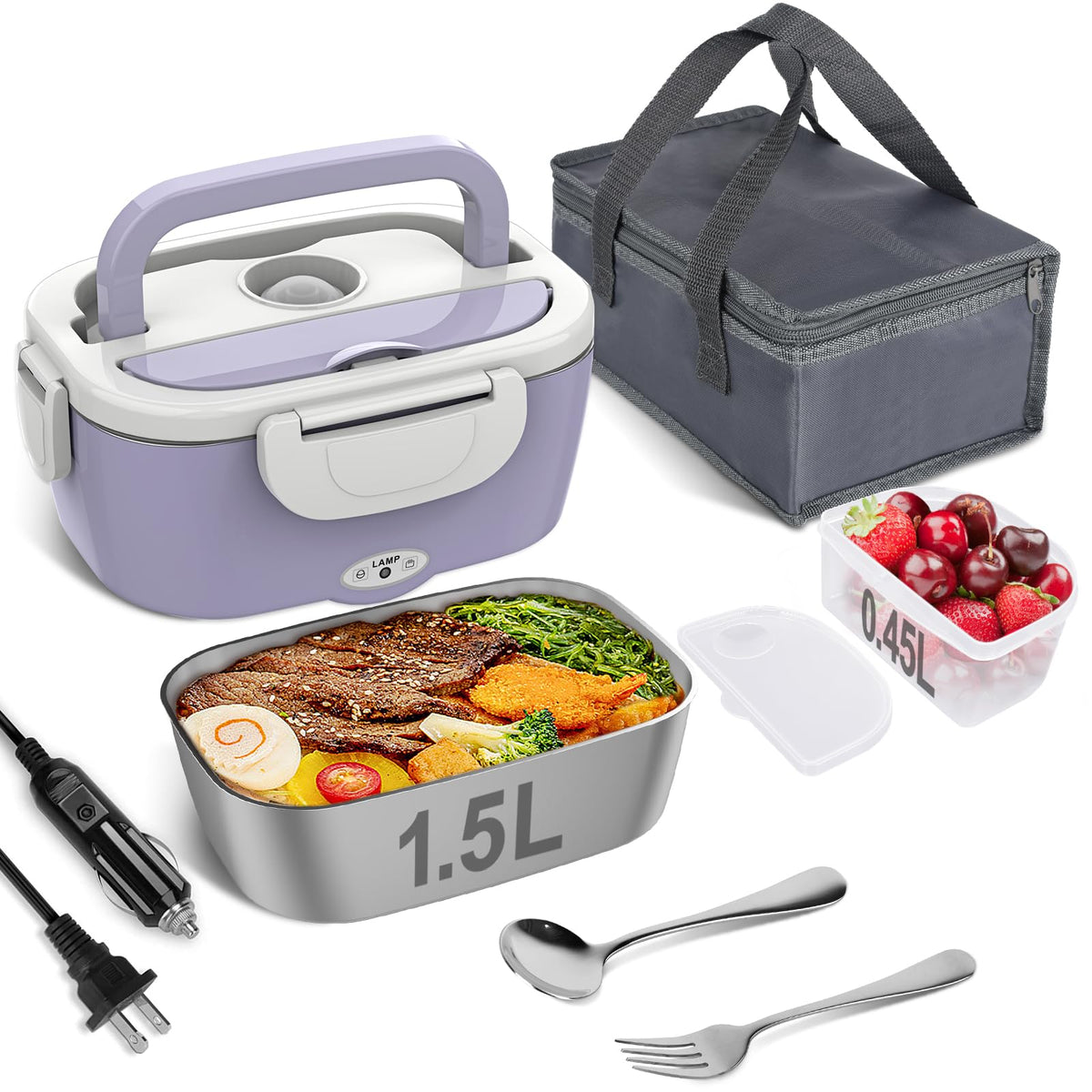 Vabaso Electric Lunch Box for Adults, 80W Heated Lunch Box Portable Food Warmer Lunch Box for Work/Men/Car/Truck with 1.5L 304 Stainless Steel Container Fork & Spoon, 110V/12V/24V