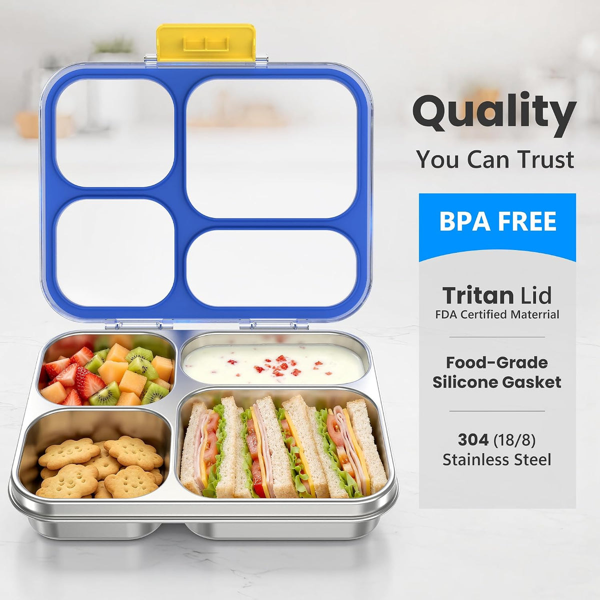 HOMEKOL Stainless Steel Bento Lunch Box, 4 Cups, Blue