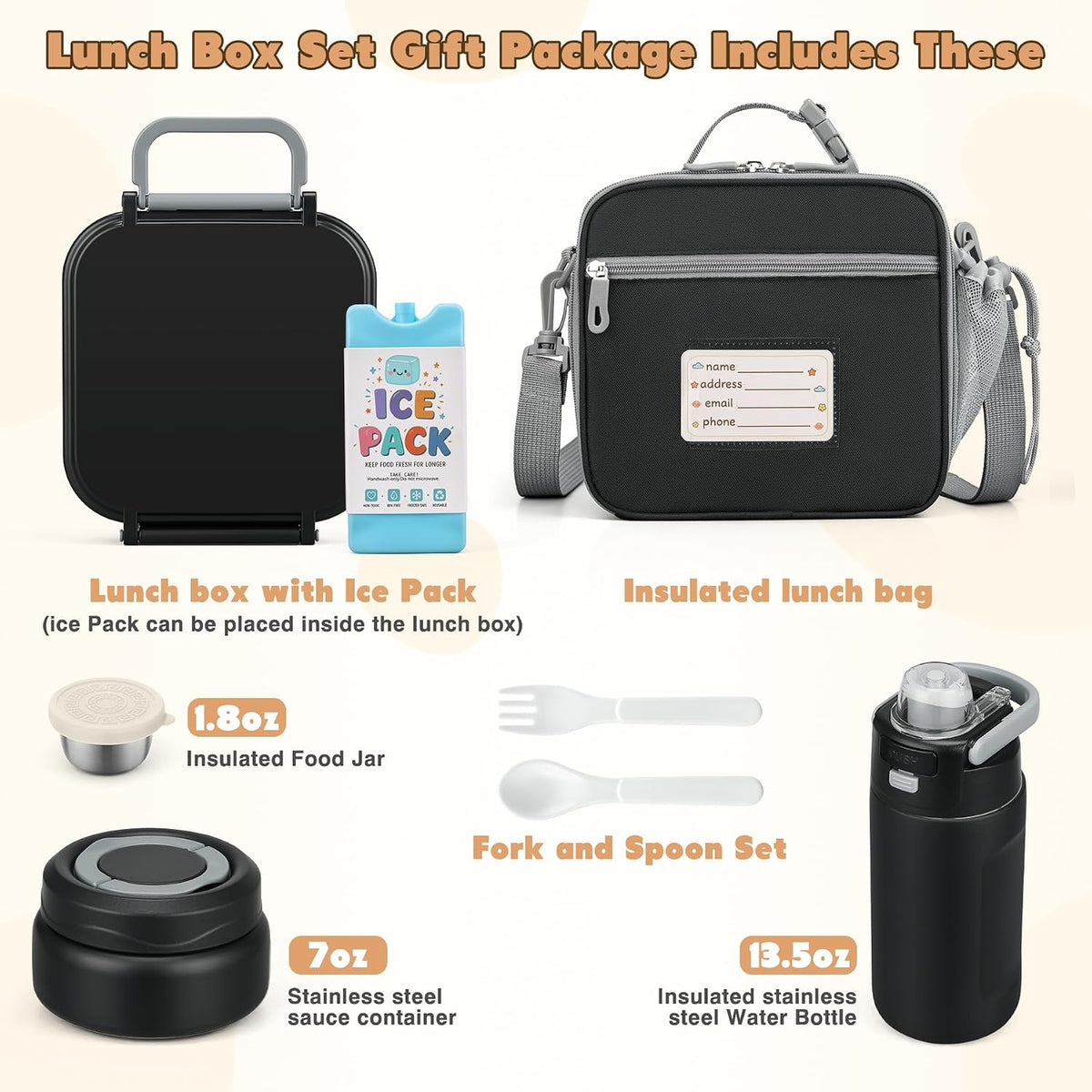 Bento Lunch Box for Kids with 7oz Soup Thermo,Insulated Stainless Steel Kids Water Bottle with Straw and Insulated Lunch Bag,Leak-Proof Lunch Food Container with Ice Pack for School(Black)
