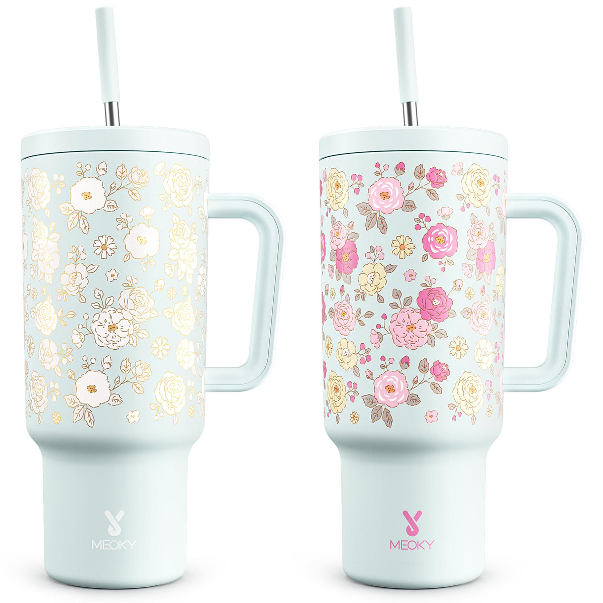 Meoky 40oz Tumbler with Handle, Leak-proof Lid and Straw, Insulated Coffee Mug Stainless Steel Travel Mug, Keeps Cold for 34 Hours or Hot for 10 Hours (Night)