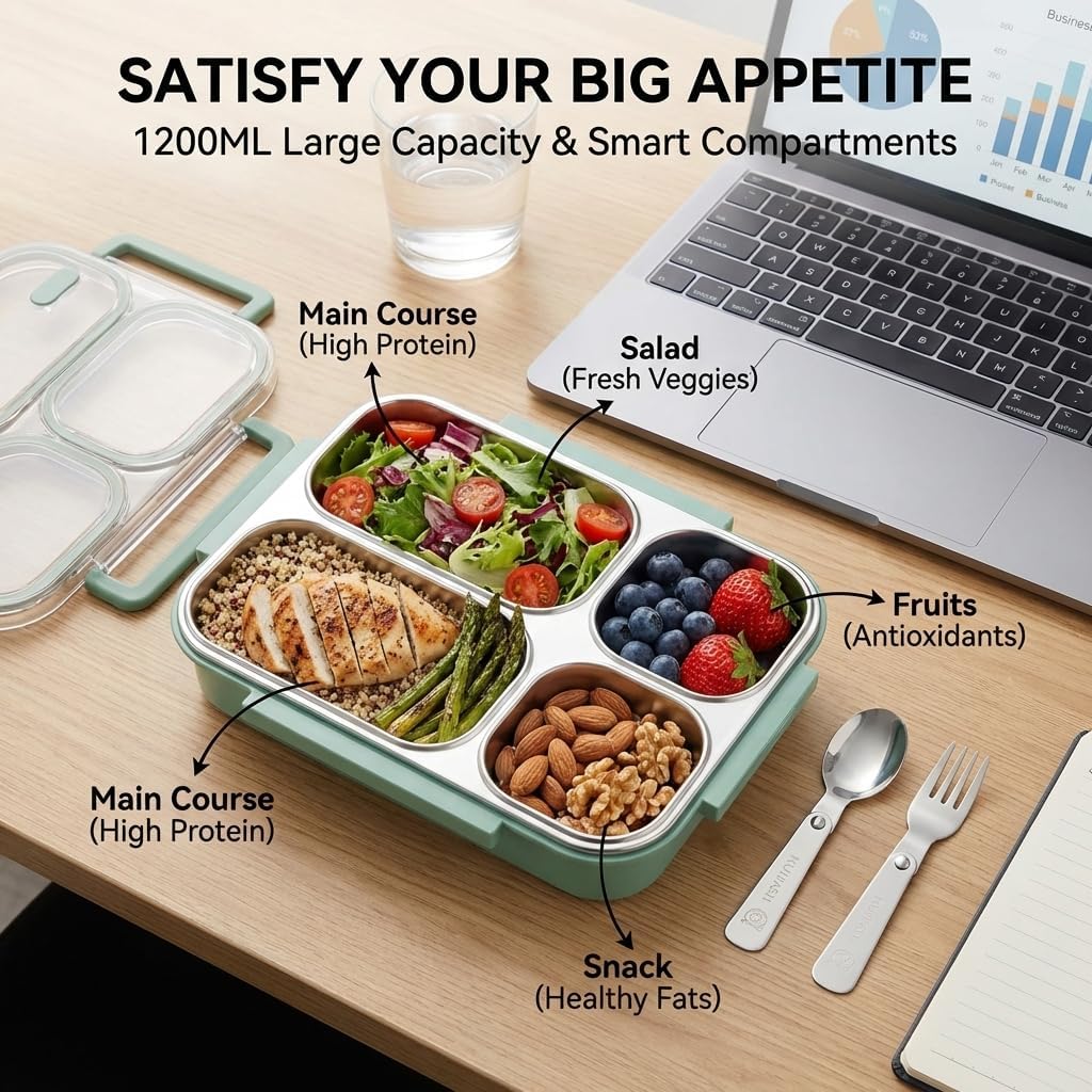 Bento Box Adult Lunch Box - Microwave Safe Stainless Steel Meal Prep Containers, 1200ML Large Capacity 4-Compartment Leak Proof Food Container with Handle & Utensils for Work, Office [Green]