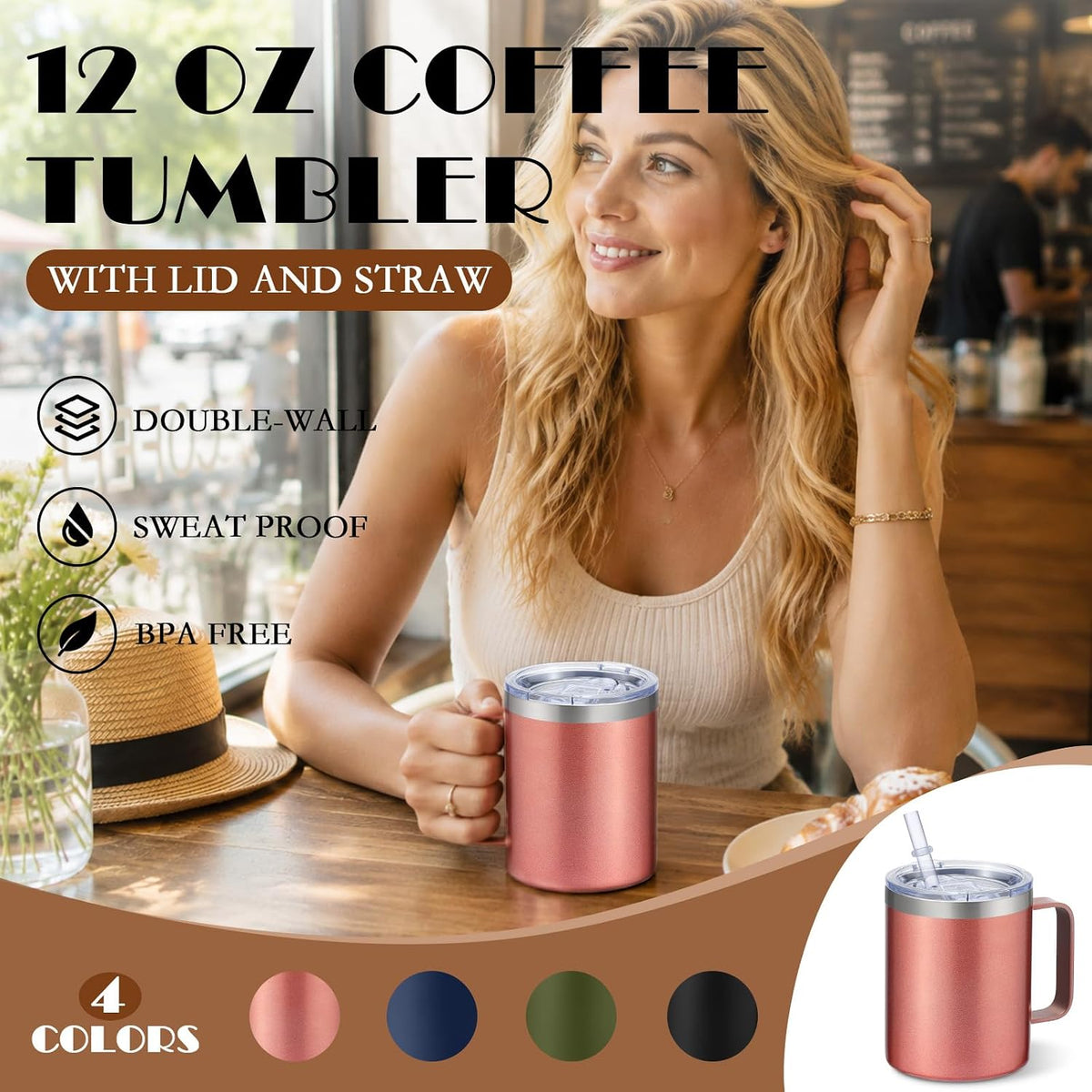 4 Pack 12oz Insulated Coffee Mug with Handle, 4 Colors
