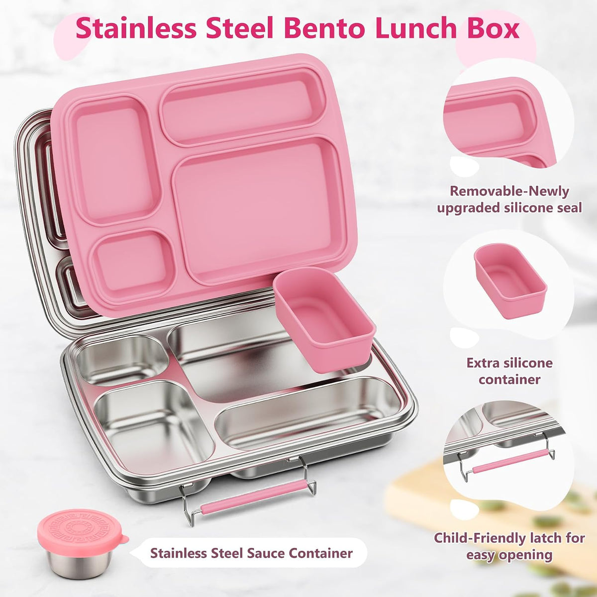 Stainless Steel Bento Lunch Box for Kids & Adults, 4 Compartment Kids Lunch Box, Metal Bento Box with Silicone Container and Stainless Steel Sauce Container,BPA-Free,School,Office(Pink)