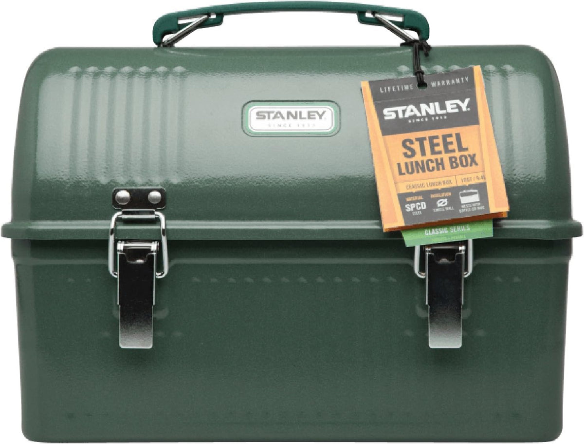 STANLEY Classic Lunch Box 10 qt | Vintage Metal Lunchbox | Durable Meal Container with Handle and Latch | Stores Food, Drinks, Thermos, Water Bottle | Hammertone Green