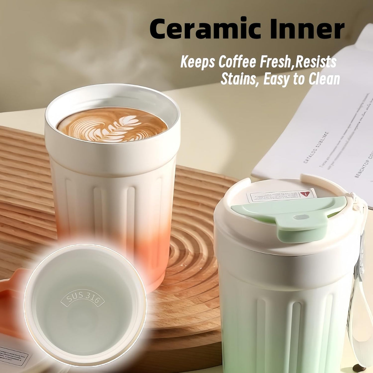 14oz Portable Vacuum Insulated Coffee Mug, Ceramic Lined Travel Cup