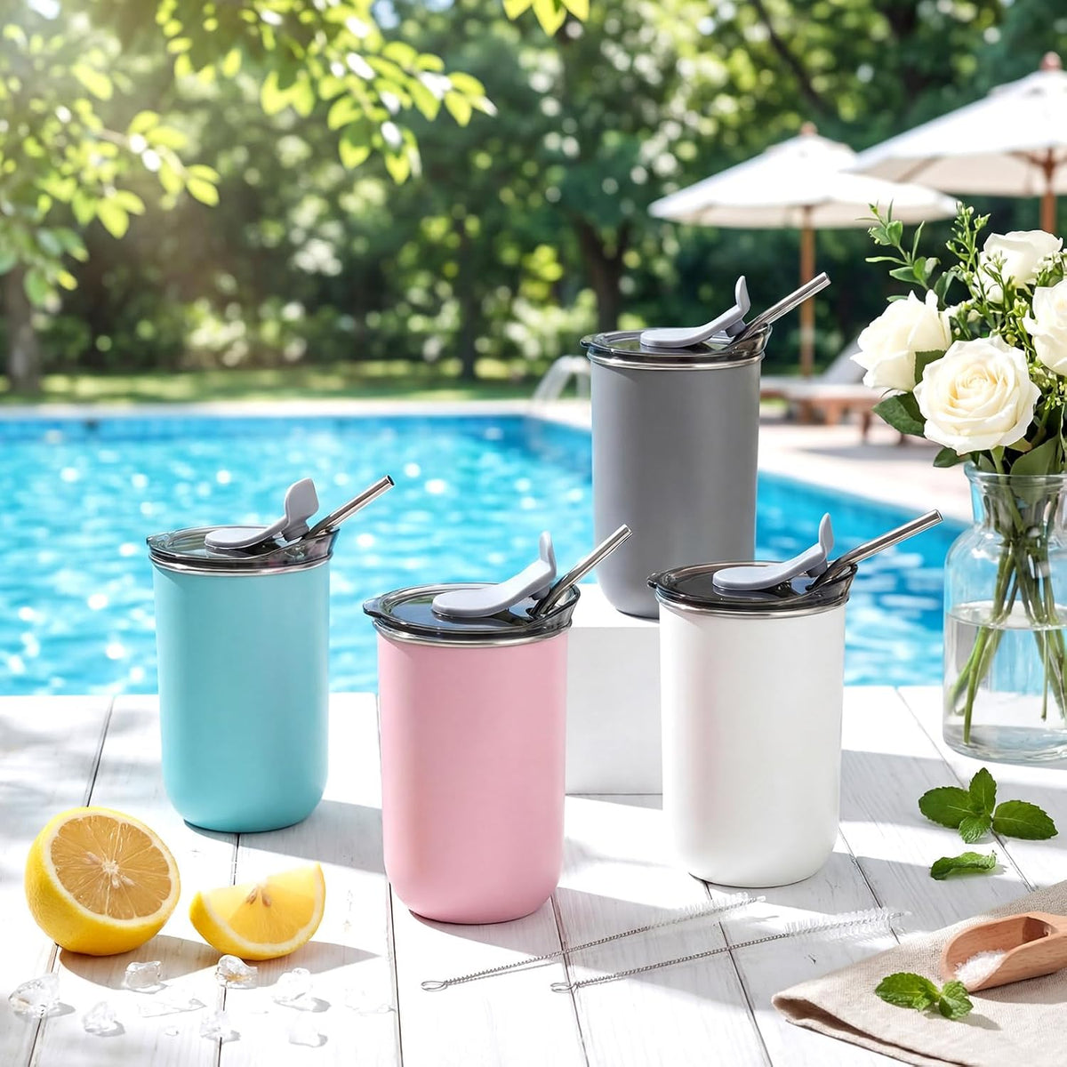 Remerry 4 Pack 10 oz Stainless Steel Wine Tumbler with Lids Double Wall Vacuum Insulated Travel Mugs Includes 4 Straws and 4 Straw Brushes for Hot Cold Drinks Tea Coffee Cocktails (4 Colors)