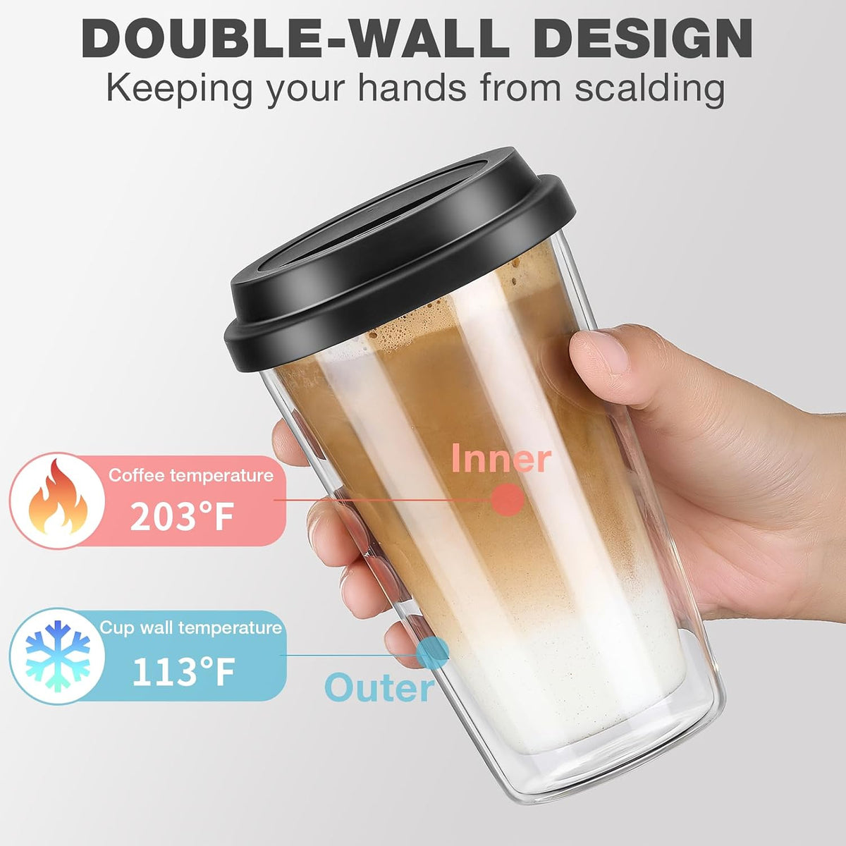 Qipecedm® 2 Packs Double Walled Glass Coffee Mugs with Silicone Lids, 12 OZ Reusable Glass Coffee Cups, Insulated Coffee Mugs, Cappuccino,Tea,Latte,Iced Coffee Cups, Glass Travel Mug, Heat Resistant