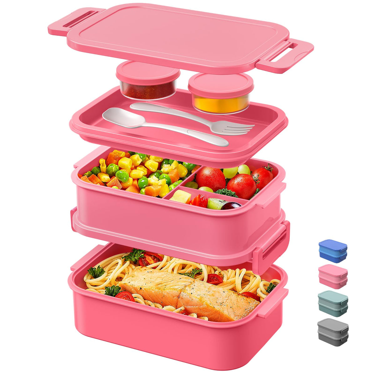 DaCool 2 Pack Adults Lunchbox Bento Box 74 OZ Stackable Lunch Box for Kids Adults Men Women Teens Leakproof Bento Large Lunch Box Container with Fork Spoon Sauce Box for School Work,Grey,Morandi-Green