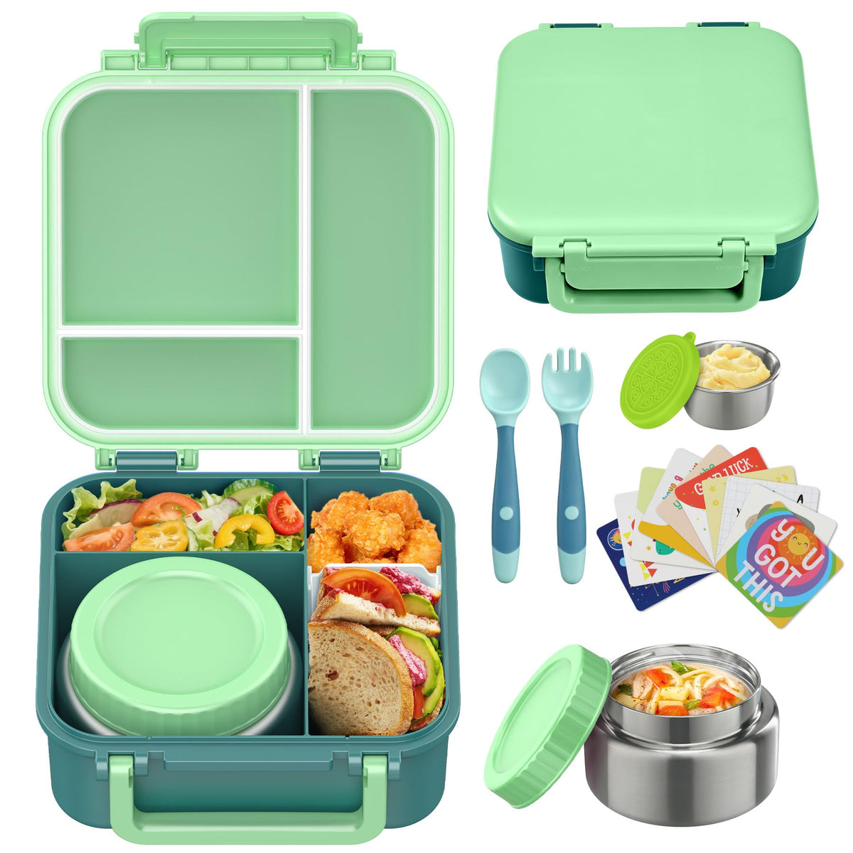 Kids Bento Lunch Box with 9oz Soup Thermo Leakproof Lunch Food Containers 4 Compartment with Insulated Hot Food Jar for Kid Toddler Girls Boys to School, Trvael