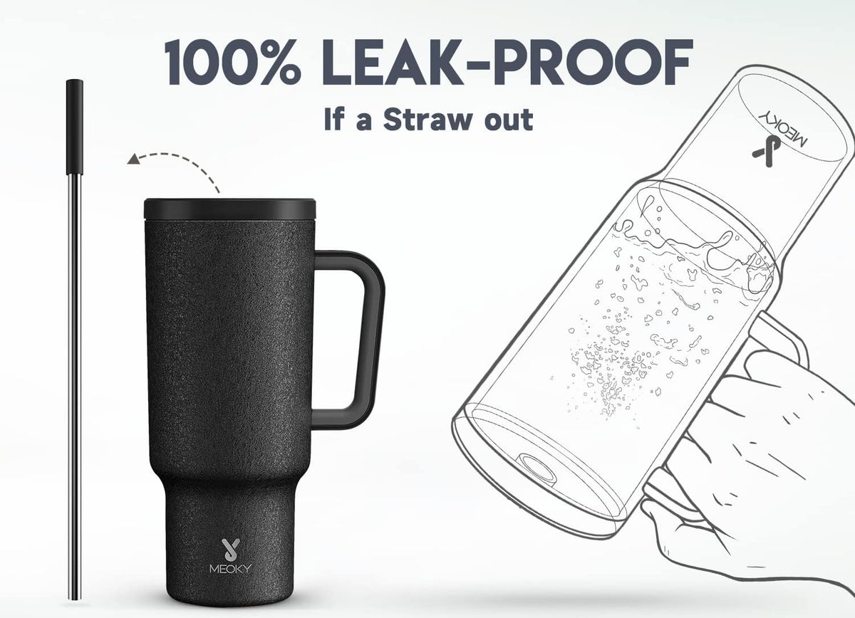 Meoky 40oz Tumbler with Handle, Leak-proof Lid and Straw, Insulated Coffee Mug Stainless Steel Travel Mug, Keeps Cold for 34 Hours or Hot for 10 Hours (Night)